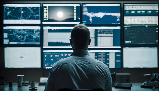 Man Monitoring Security Cameras